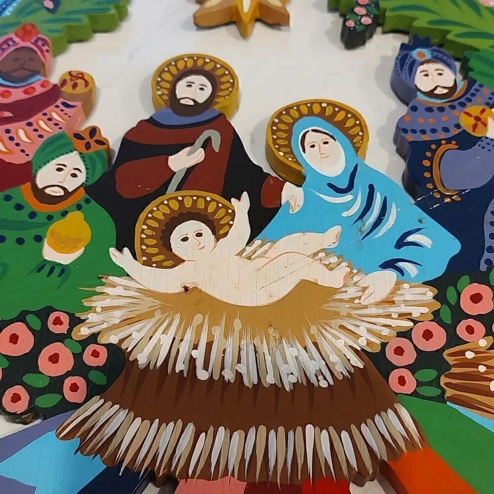 Hand Painted Wooden Nativity Scene Hanging Wreath Vintage